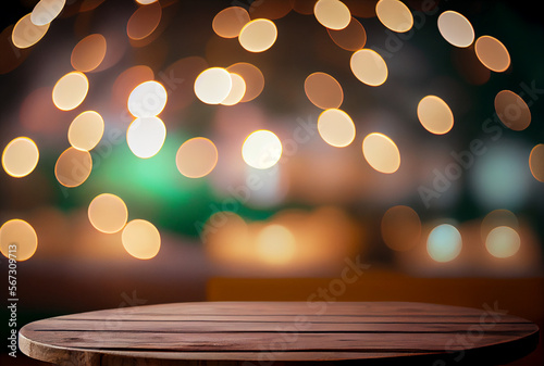 Bokeh background image foreground of an old wooden table, out of focus, ready for editing for product display. generative ai. photo