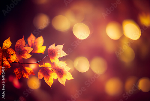Red leaves and bokeh. fall autumn background with sample text. Generative Ai.