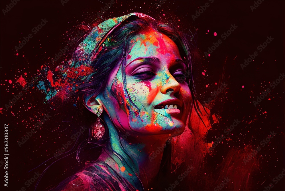Celebration of Holi festival day colorful illustration of young woman covered in paint illustration generative ai