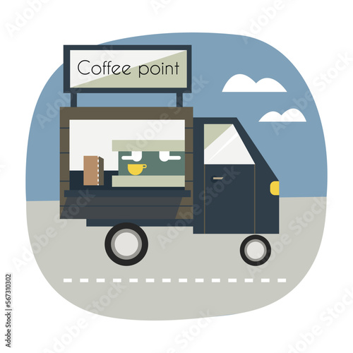 Scene with coffee truck, standing on the road and selling hot beverages. Vector illustration in flat design