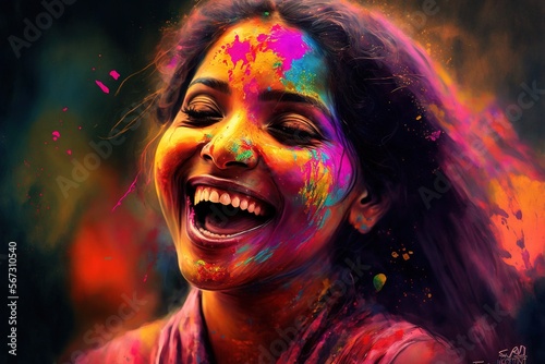 Celebration of Holi festival day colorful illustration of young woman covered in paint illustration generative ai