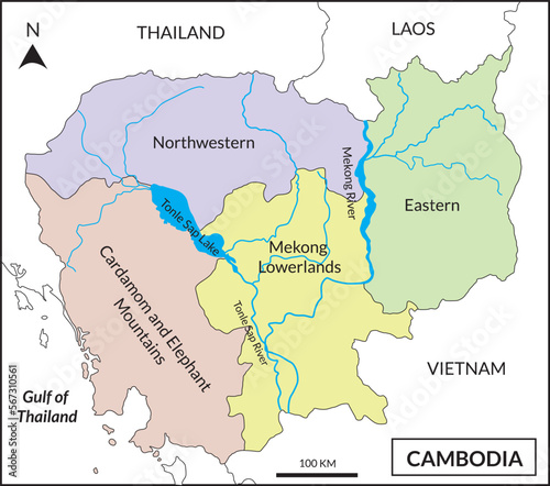 Map of Cambodia includes four regions  Northwestern  Cardamom and Elephant Mountains  Mekong Lowlands  and Eastern. Mekong River basin and Tonle Sap Lake