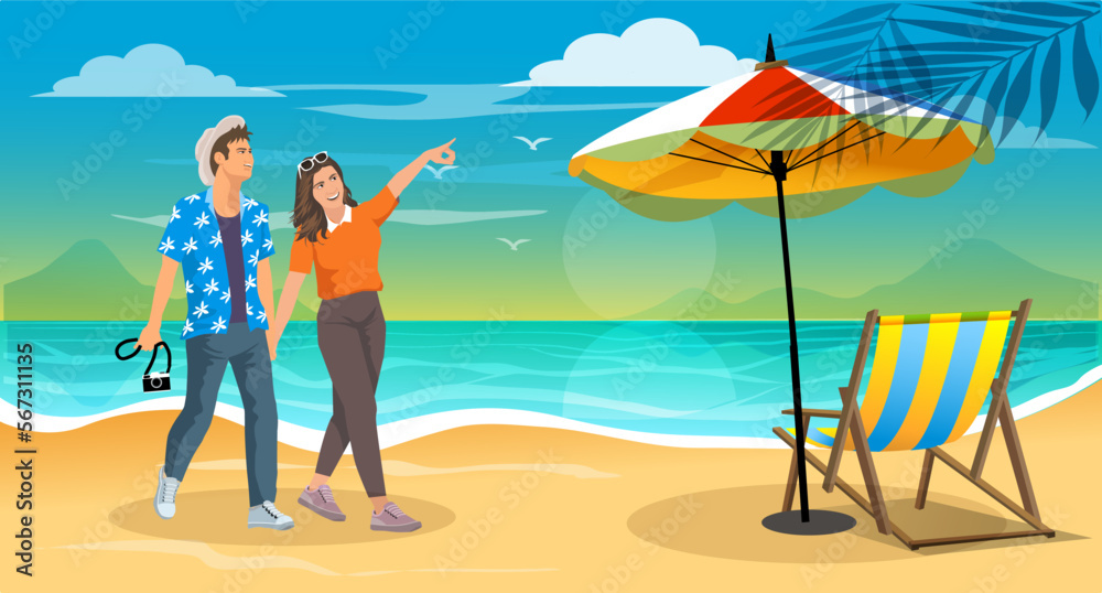 Young couple tourist walking on a sandy beach. destination for summer travel holidays concept.