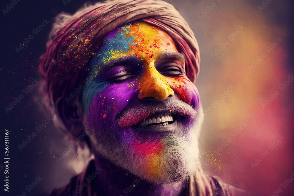 Celebration of Holi festival day colorful illustration of old man covered in paint illustration generative ai