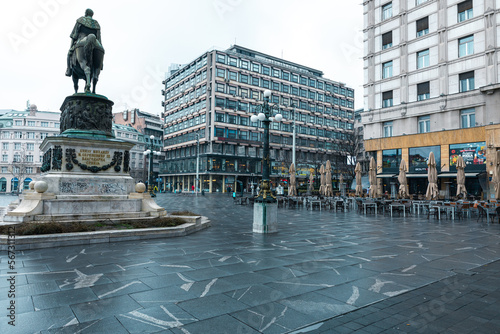 The Republic Square (Trg Republike in Serbian) with old Baroque style buildings, the statue of Prince Michael and the National Museum. photo