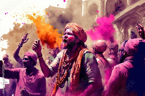 Celebration of Holi festival day colorful illustration of men covered in paint illustration generative ai