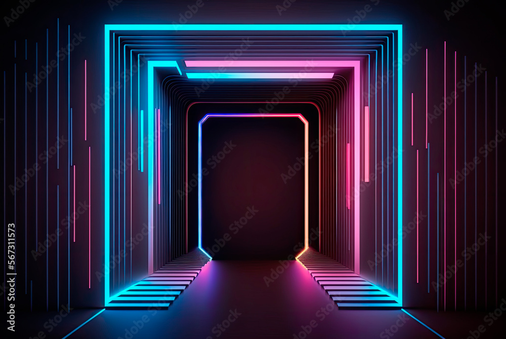 Futuristic portal with neon lights and multicolor laser. Generative AI