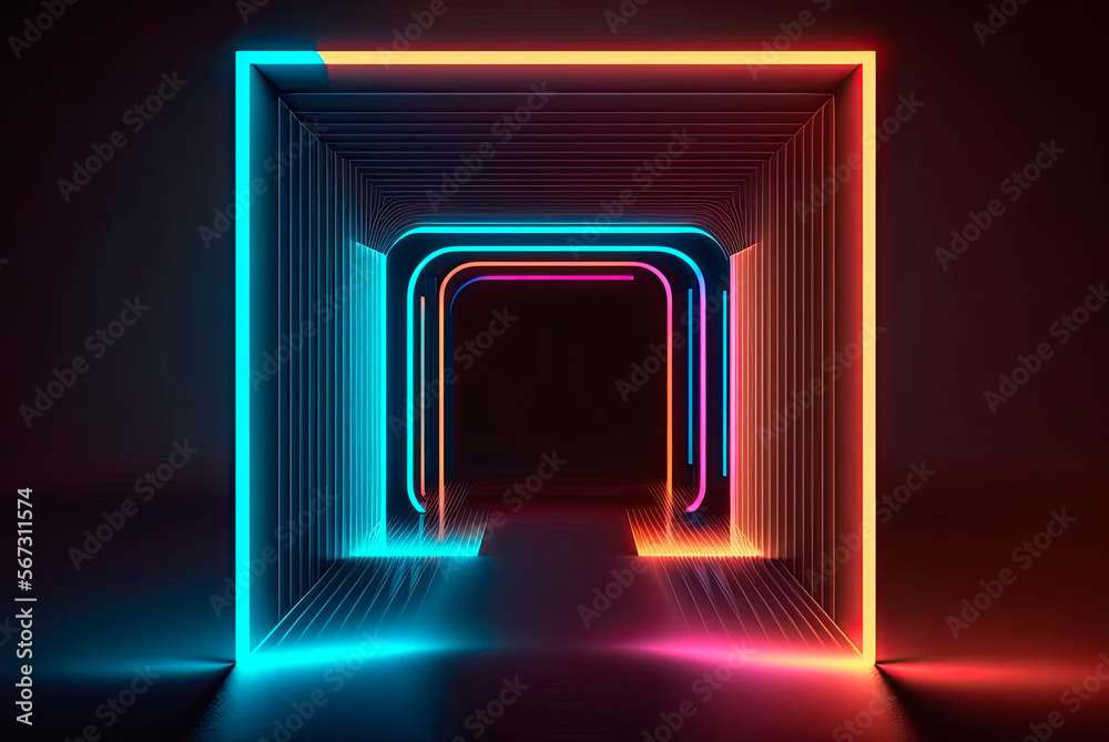 Futuristic portal with neon lights and multicolor laser. Generative AI