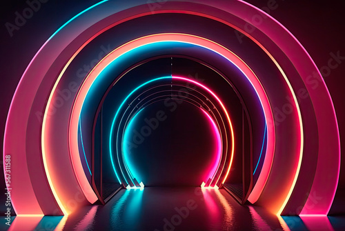 Futuristic portal with neon lights and multicolor laser. Generative AI