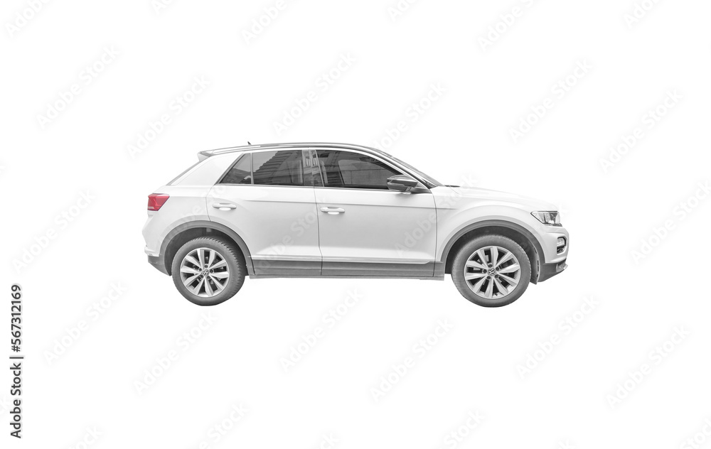 white VOLKSWAGEN TROC isolated on white, side view Wolksvagen car PNG
