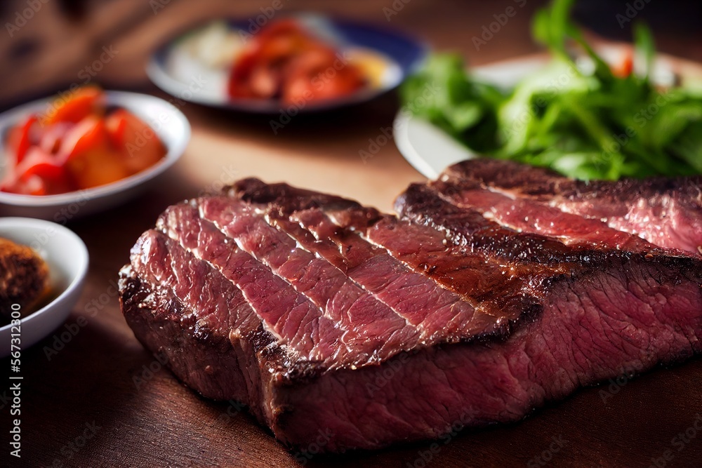 Fototapeta premium steak with marks from the grill on top of wooden board with ornaments. ai generative
