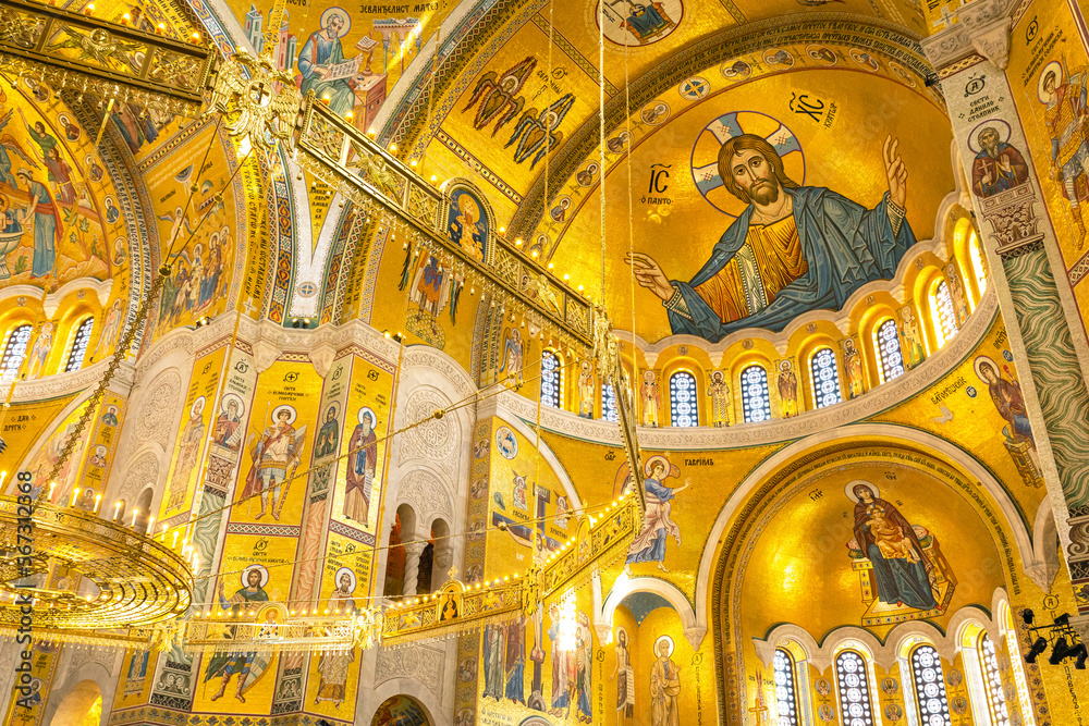 Magnificent Orthodox Mosaic Icon in the Temple of Saint Sava, Belgrade Serbia. Balkans.