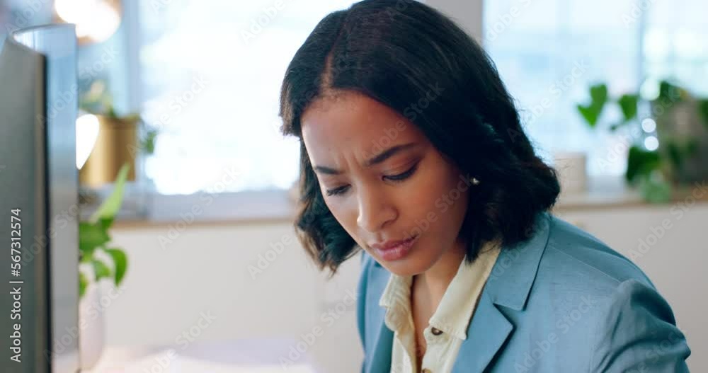 Thinking, computer and business woman in office working on project, email or sales proposal. Technology, pc and confused female employee reading information, glitch or research error at workplace.