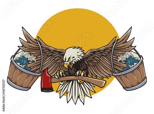 american eagle carrying water bucket and axe illustration