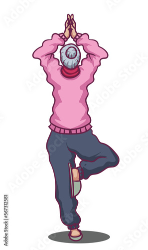 old grandma doing tree pose (Vriksasana) yoga pose illustration
