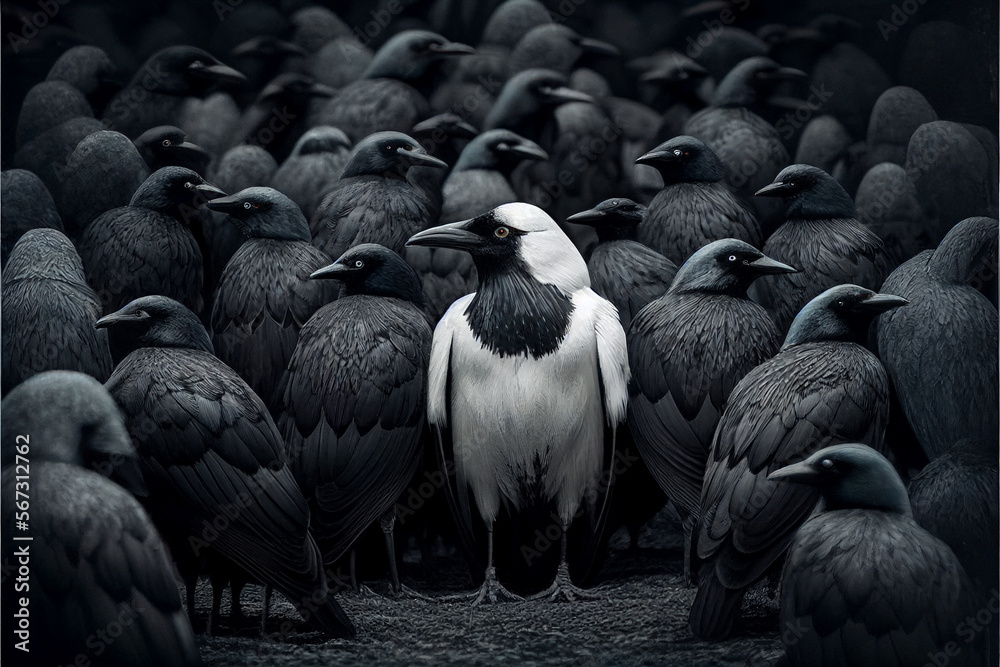 White crow among black crows.. AI generated. - obrazy, fototapety, plakaty 