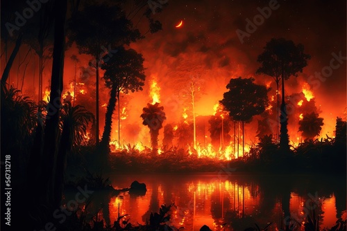forest on fire, animals fleeing, destruction of fauna and flora
