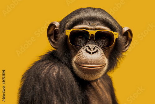 Generative AI image of cool monkey chimpanzee posing in sunglasses, looking at camera at studio, isolated over beige background. © carlesmiro