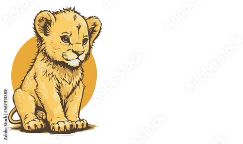 Cute Baby Lion with round orange circle behind it animal cuteness transparent background, generative ai