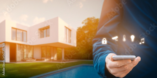 Smart home and intelligent house concept with generative AI modern villa in background