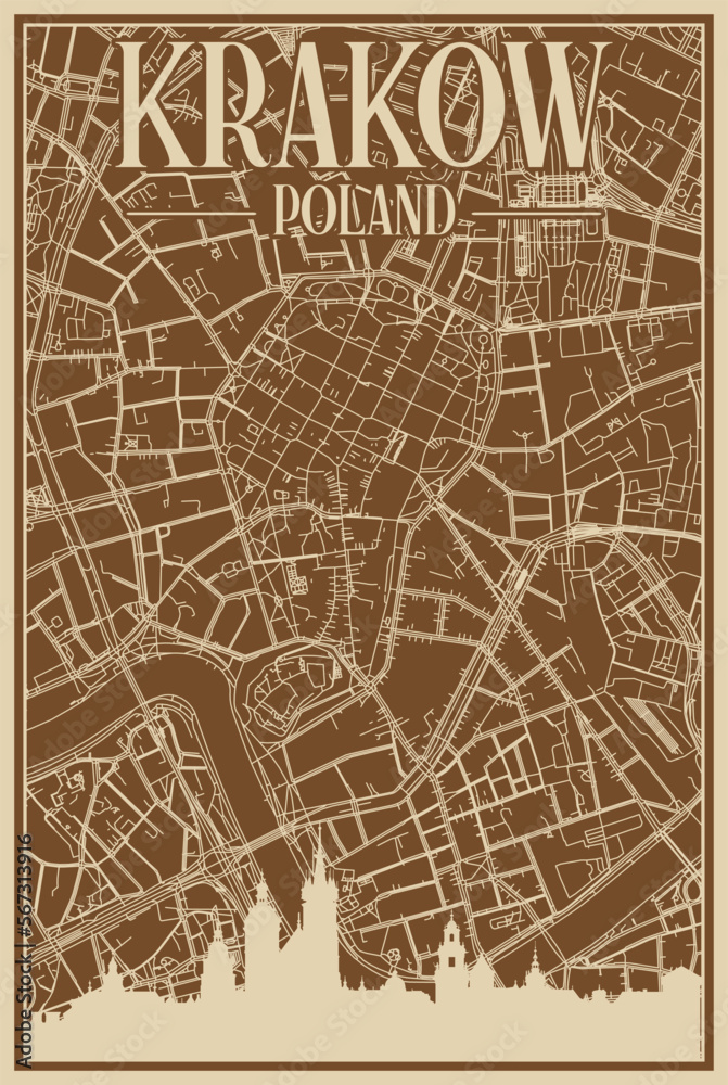 Obraz premium Brown hand-drawn framed poster of the downtown KRAKOW, POLAND with highlighted vintage city skyline and lettering