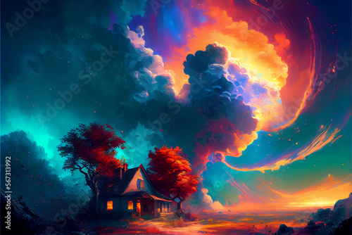 Fantasy night scenery with a house and trees against the beatiful clouds, river and mountains, ai illustration © Maryna Olyak