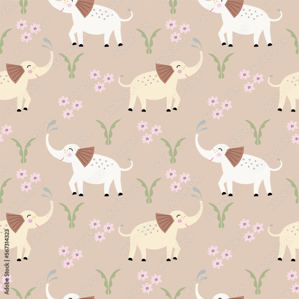 Cute repeated childish seamless pattern with elephants.Boho style. Cartoon elephants,flowers and plants in a repeating pattern.Hand drawn ornament for textile,banner,wrapping paper, packaging design