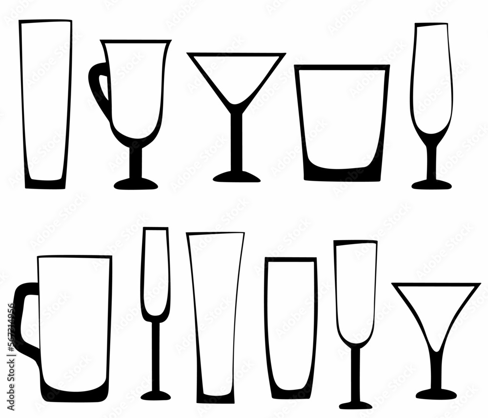 set of silhouettes of drinking utensils on white background set of silhouettes of drinking utensils on white background
