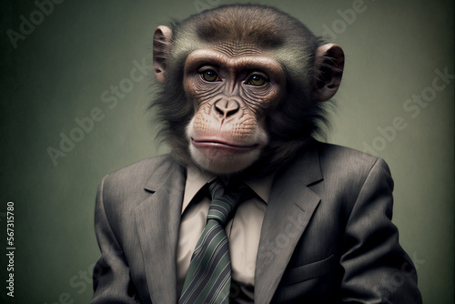 Portrait of a Monkey Man in a Suit, Studio Portrait, Cute and Smiling Chimp, Generative AI Digital Illustration. © Dragon AI