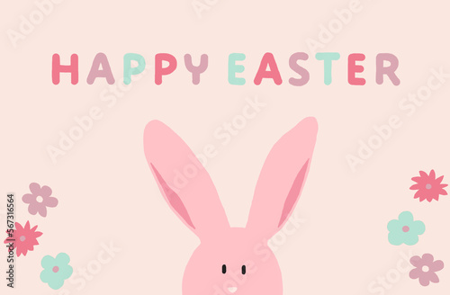 Close-up of pink rabbit peeking surrounded with pastel flowers and happy Easter message.