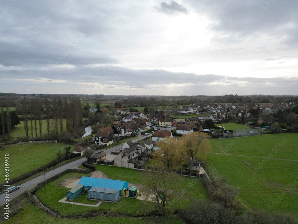 Obraz premium Fyfield ,small village and farm fields Essex UK Drone, Aerial, view from air, birds eye view,