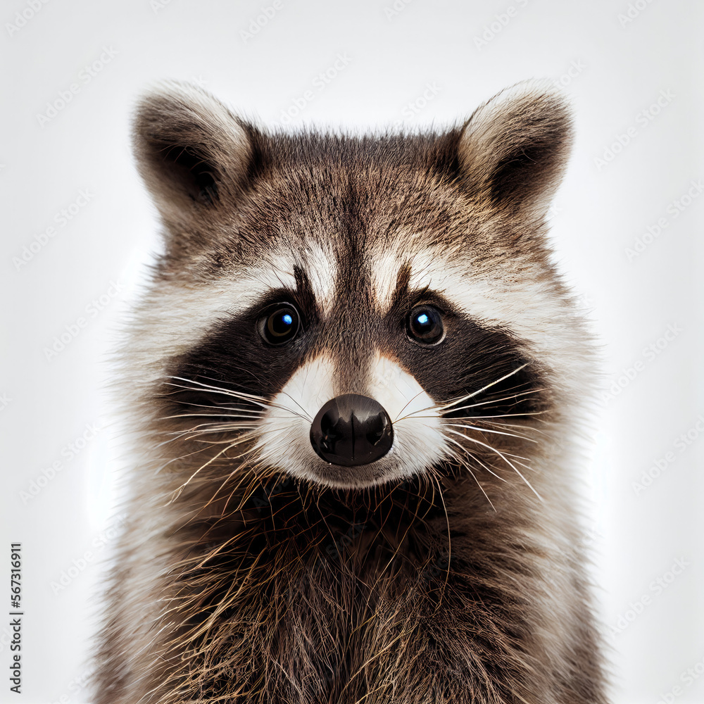 Adult raccoon portrait isolated on a white background. Generative AI. 