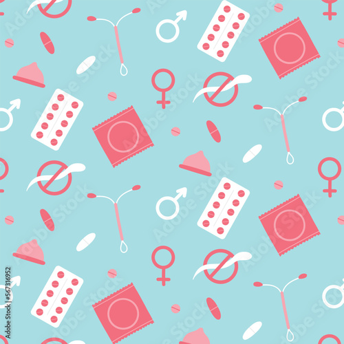 Seamless pattern with contraceptives. Vector illustration. Flat style. Medical print. Pattern with pill condoms.