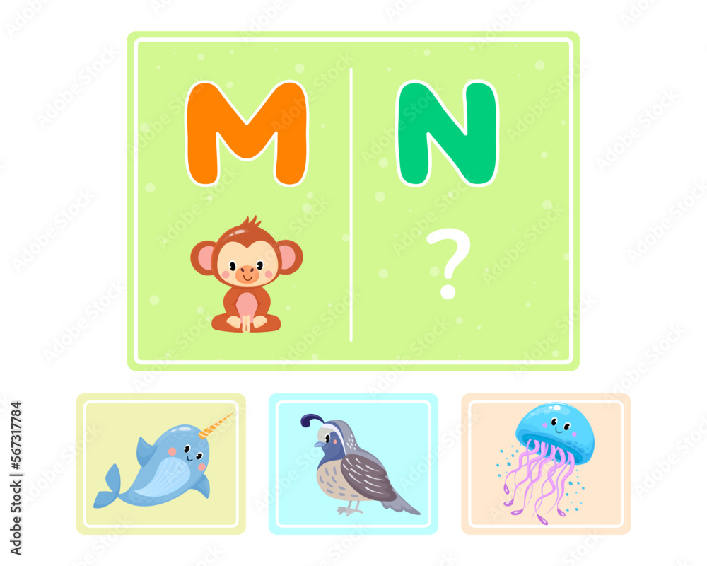 Educational logic game for kids. Children's alphabet education. Development of logic iq. Visual intelligence, mind games. Vector illustration.