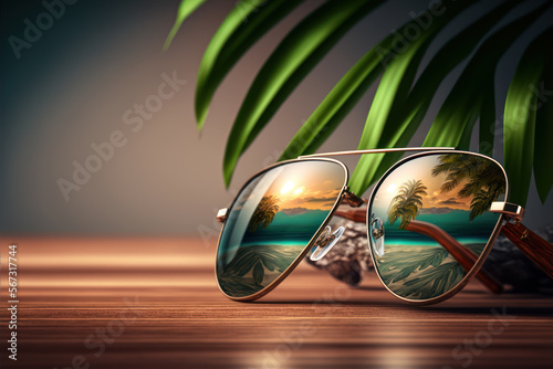 sunglasses with tropical beach reflection. vacation and relax concepts. generative ai