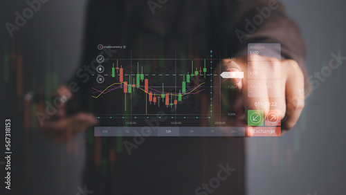 Stock market graph with man working stock trading computer screen background.