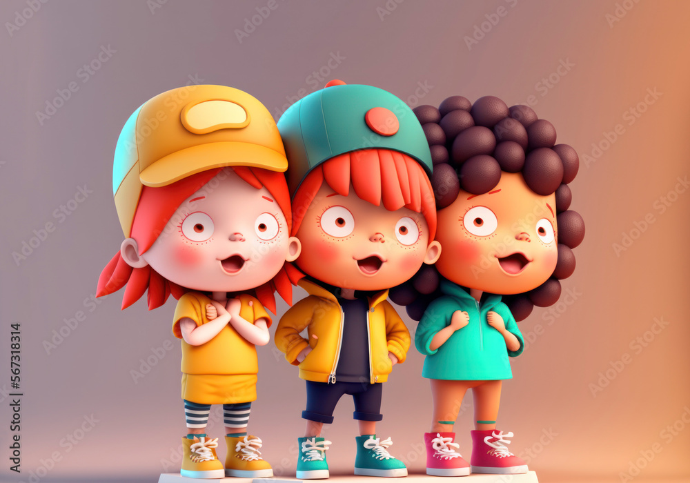 Children friendship. Three happy kids, boy and girls, smiling . Friends, school class mates. Generative AI Children friendship. Three happy kids, boy and girls, smiling . Friends, school class mates. Generative AI