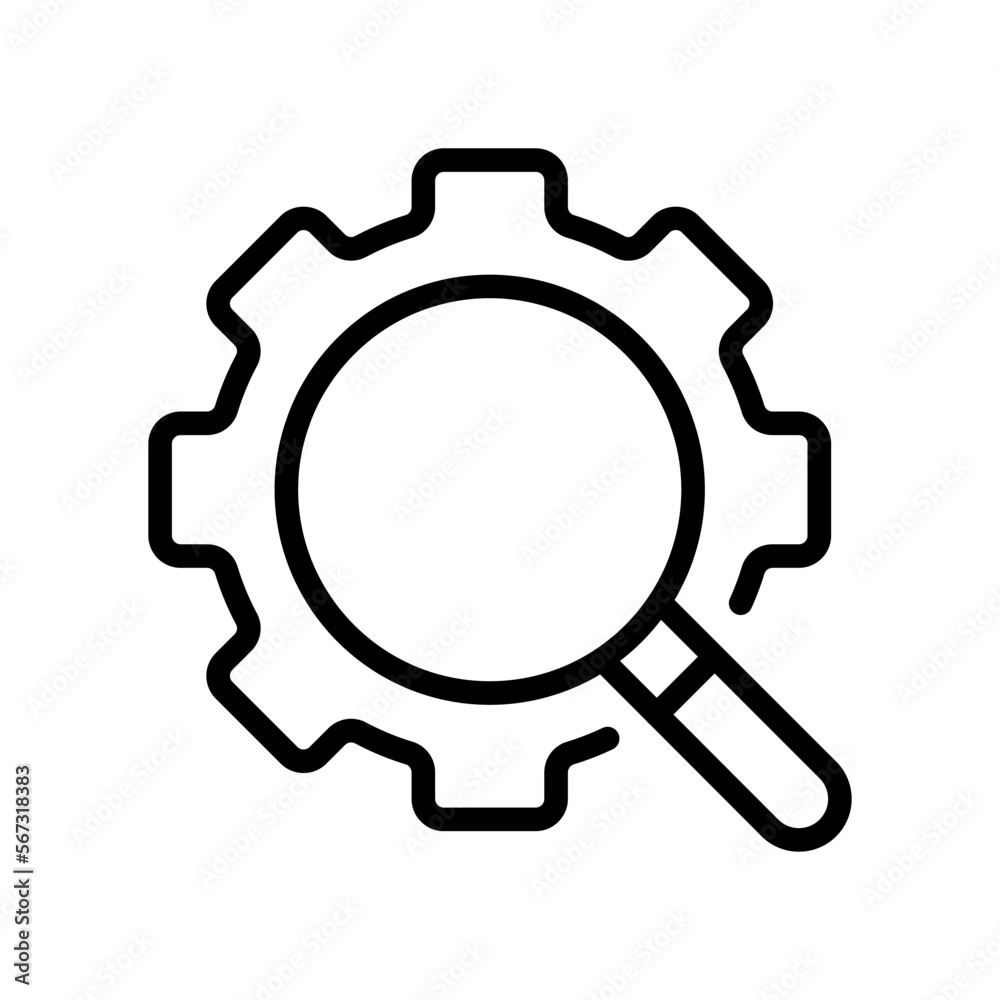 Gears with magnifier line icon. Mechanism, wheels, construct, build, device, mechanical, engine, lock, builder, technology. Construction concept. Vector line icon on white background
