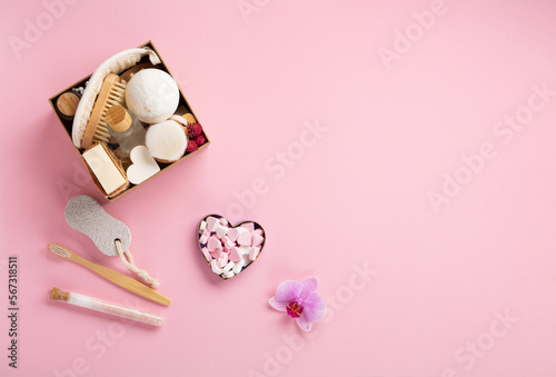 Natural Eco Friendly Beauty, Skin Care Products Concept. Zero Waste Bathroom, Spa Accessories on Pink Background.