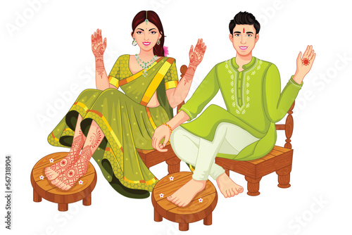 Indian Bride and Groom for Mehndi Ceremony Showing mehndi designs  photo