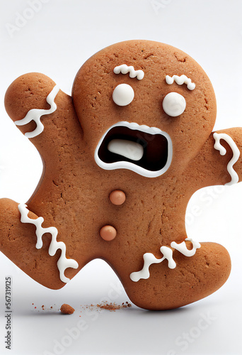 Frightened gingerbread man cookie isolated on a white background who is scared of being eaten during the Christmas festival season in December, computer Generative AI stock illustration image