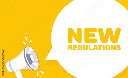 Speech bubble with new regulations text. Speech bubble with loudspeaker. Pop art style. Vector line icon for Business and Advertising