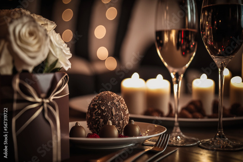 valentine's day celebration with roses, chocolate and champagne in luxury restaurant candlelight dinner