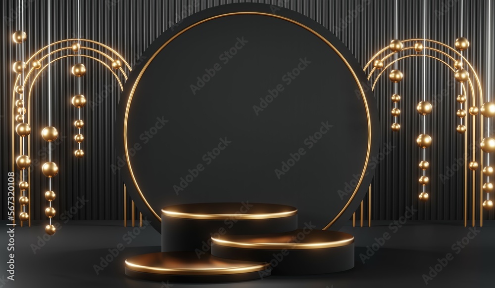 3d render of abstract realistic studio room with Luxury round pedestal stand podium with golden glitter in shape backdrop. Luxury black friday sale scene for product display presentation background 3d render of abstract realistic studio room with Luxury round pedestal stand podium with golden glitter in shape backdrop. Luxury black friday sale scene for product display presentation background