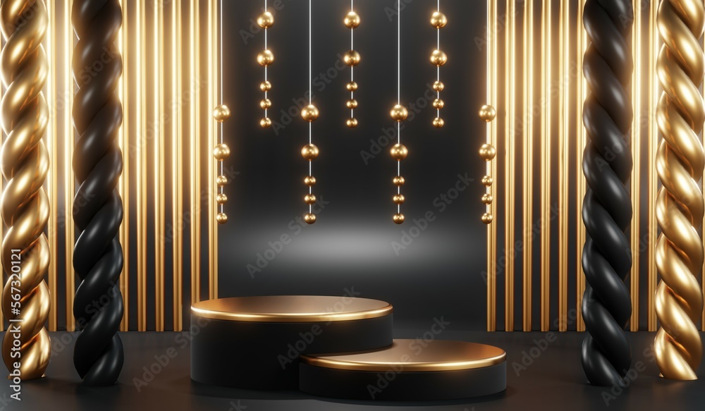 3d render of abstract realistic studio room with Luxury round pedestal stand podium with golden glitter in shape backdrop. Luxury black friday sale scene for product display presentation background 3d render of abstract realistic studio room with Luxury round pedestal stand podium with golden glitter in shape backdrop. Luxury black friday sale scene for product display presentation background