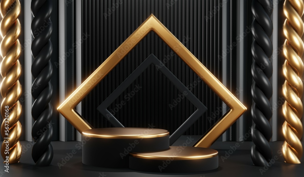 3d render of abstract realistic studio room with Luxury round pedestal stand podium with golden glitter in shape backdrop. Luxury black friday sale scene for product display presentation background 3d render of abstract realistic studio room with Luxury round pedestal stand podium with golden glitter in shape backdrop. Luxury black friday sale scene for product display presentation background