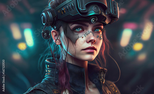 Cyberpunk style dressed woman with headset. Fictitious person made by Generative AI. © LeArchitecto