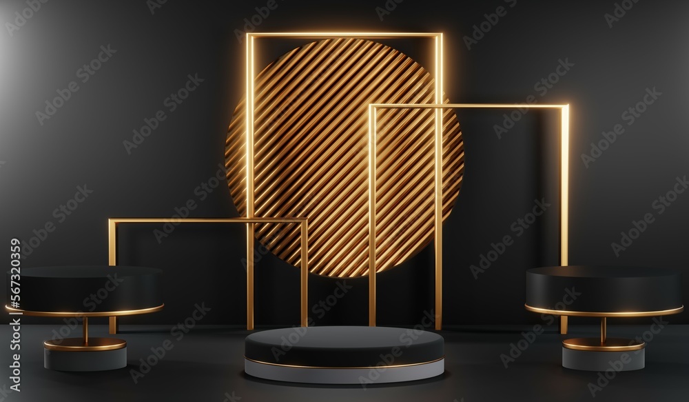 3d render of abstract realistic studio room with Luxury round pedestal stand podium with golden glitter in shape backdrop. Luxury black friday sale scene for product display presentation background