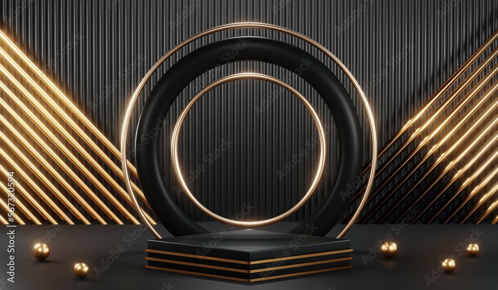 3d render of abstract realistic studio room with Luxury round pedestal stand podium with golden glitter in shape backdrop. Luxury black friday sale scene for product display presentation background 3d render of abstract realistic studio room with Luxury round pedestal stand podium with golden glitter in shape backdrop. Luxury black friday sale scene for product display presentation background
