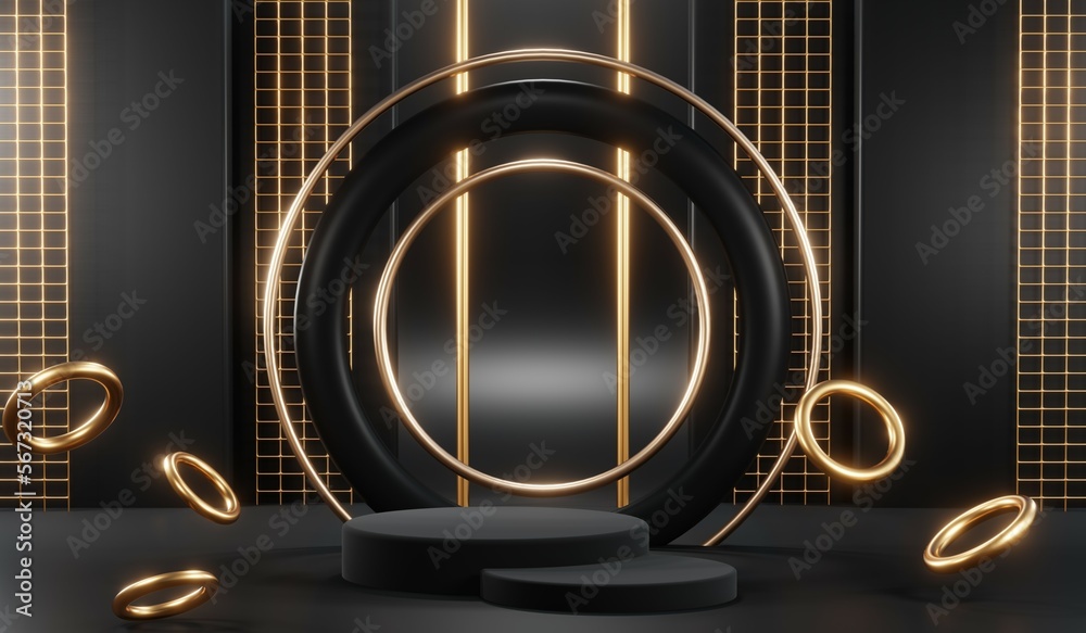 3d render of abstract realistic studio room with Luxury round pedestal stand podium with golden glitter in shape backdrop. Luxury black friday sale scene for product display presentation background 3d render of abstract realistic studio room with Luxury round pedestal stand podium with golden glitter in shape backdrop. Luxury black friday sale scene for product display presentation background
